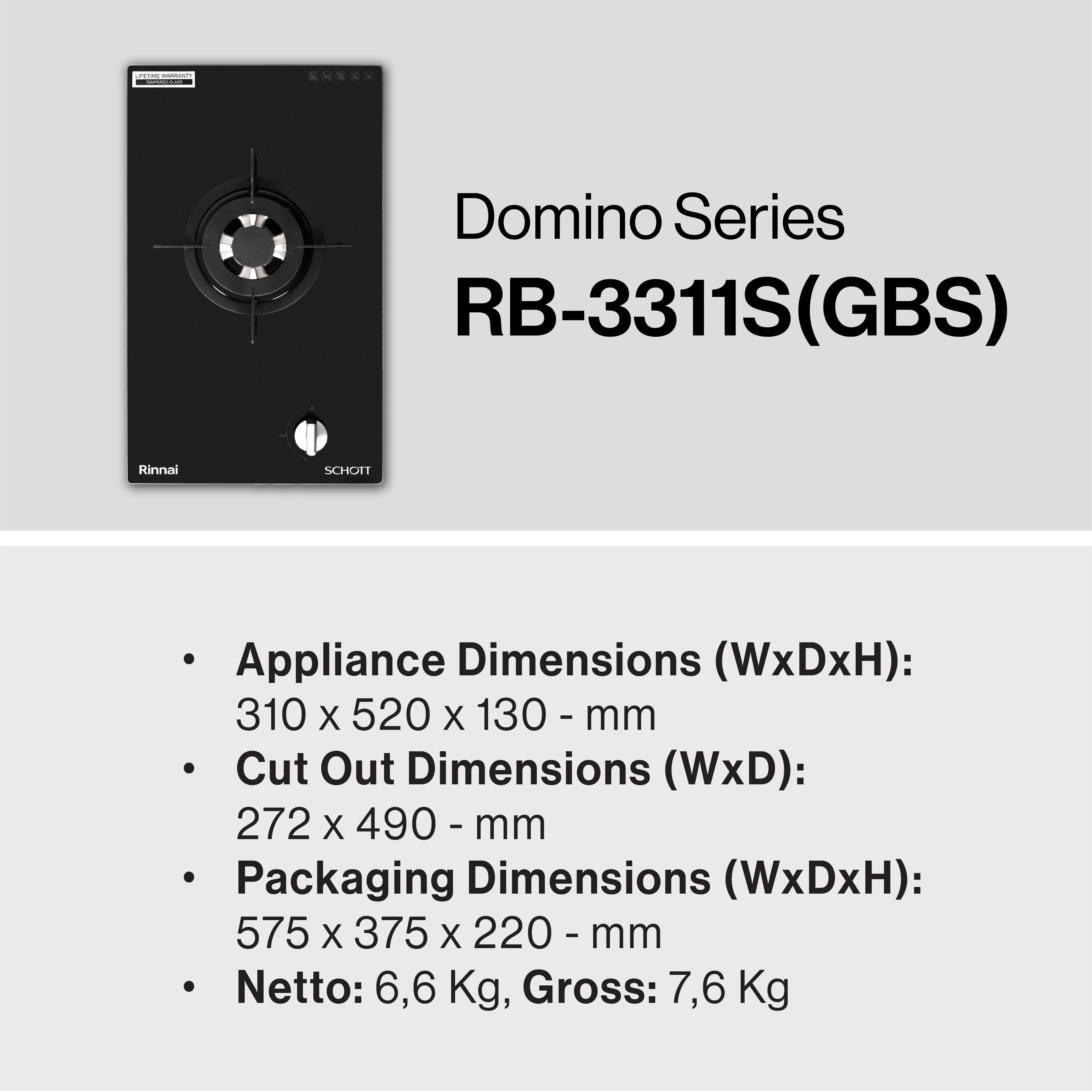 Rinnai Kompor Tanam 1 Tungku Domino - RB3311S GBS